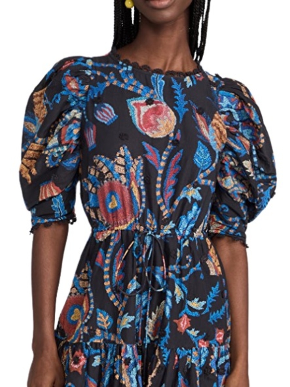 Black Floral Puff-Sleeve Midi Dress